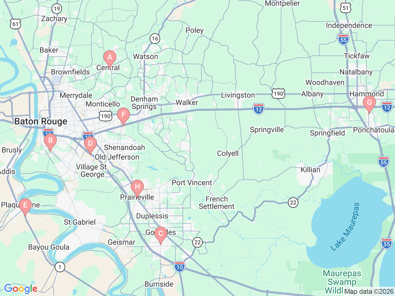 Map of Ochsner-affiliated facilities that provide services related to Sports Medicine: Baton Rouge