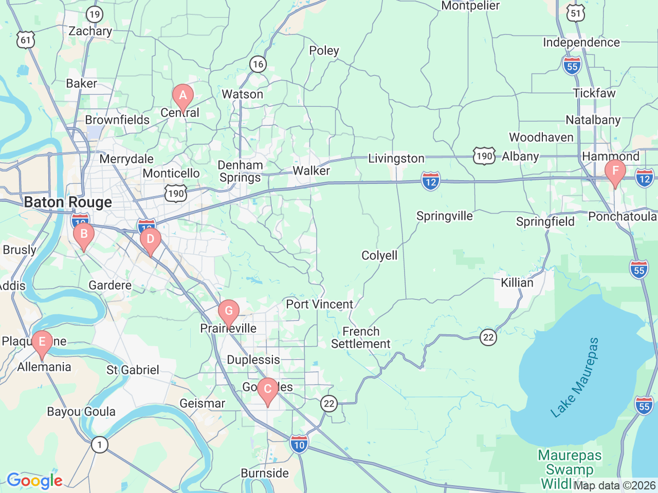 Map of Ochsner-affiliated facilities that provide services related to Sports Medicine: Baton Rouge