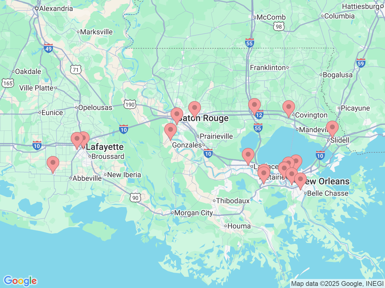 Map of Ochsner-affiliated facilities that provide services related to Sports Medicine Institute