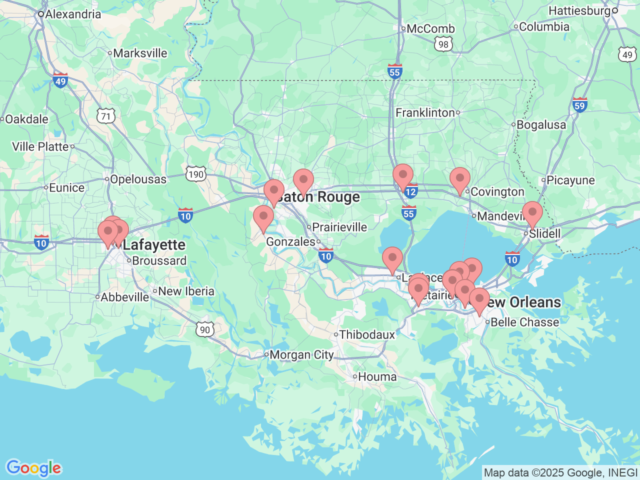 Map of Ochsner-affiliated facilities that provide services related to Sports Medicine Institute