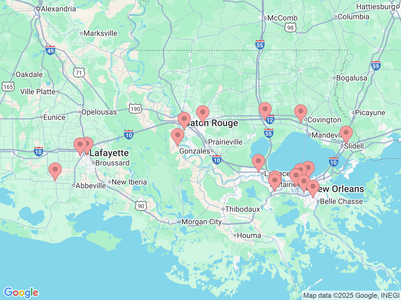 Map of Ochsner-affiliated facilities that provide services related to Sports Medicine Institute