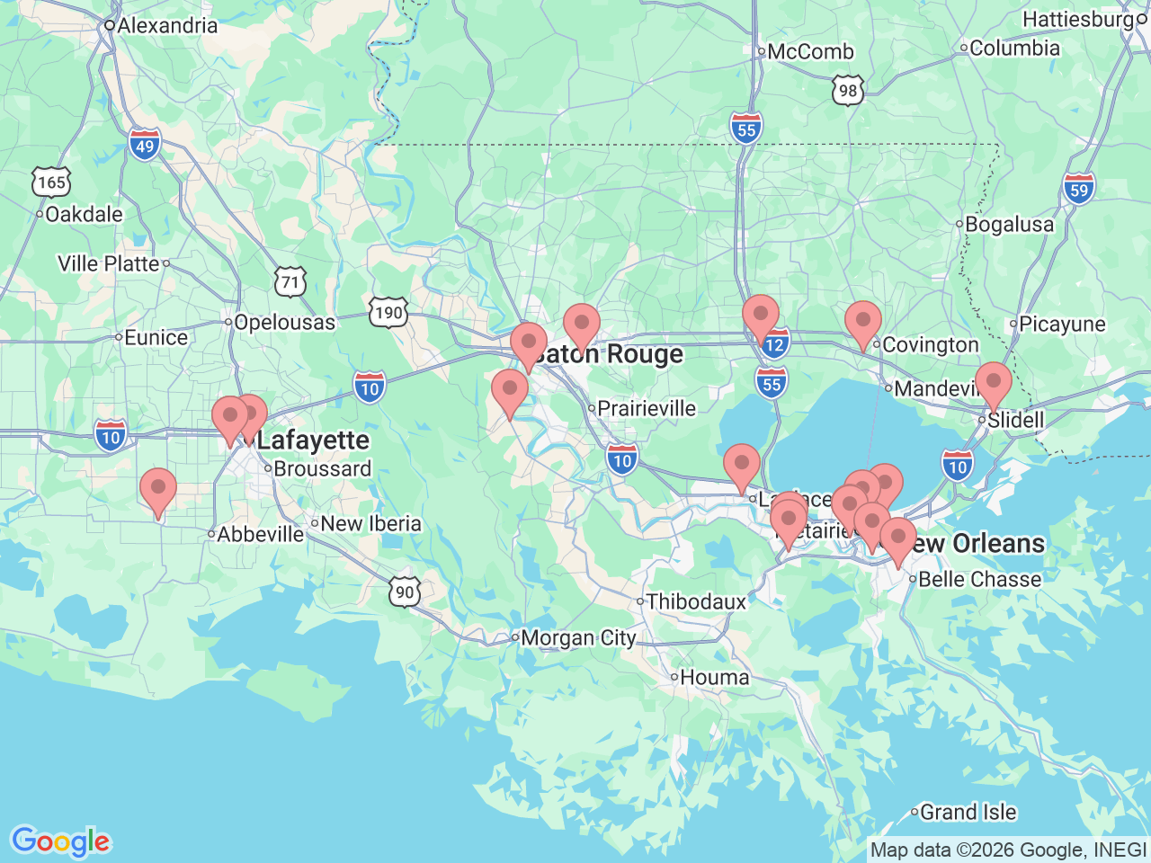 Map of Ochsner-affiliated facilities that provide services related to Sports Medicine Institute