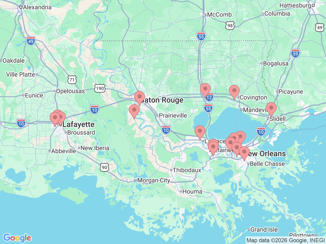 Map of Ochsner-affiliated facilities that provide services related to Sports Medicine Institute
