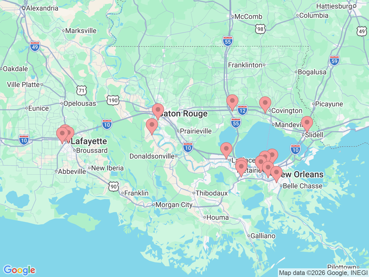 Map of Ochsner-affiliated facilities that provide services related to Sports Medicine Institute