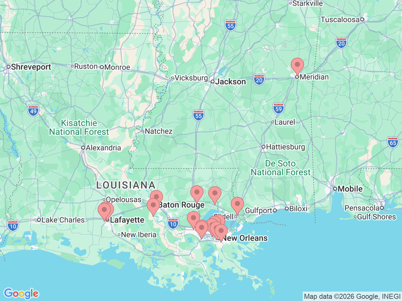 Map of Ochsner-affiliated facilities that provide services related to Sports Medicine Institute