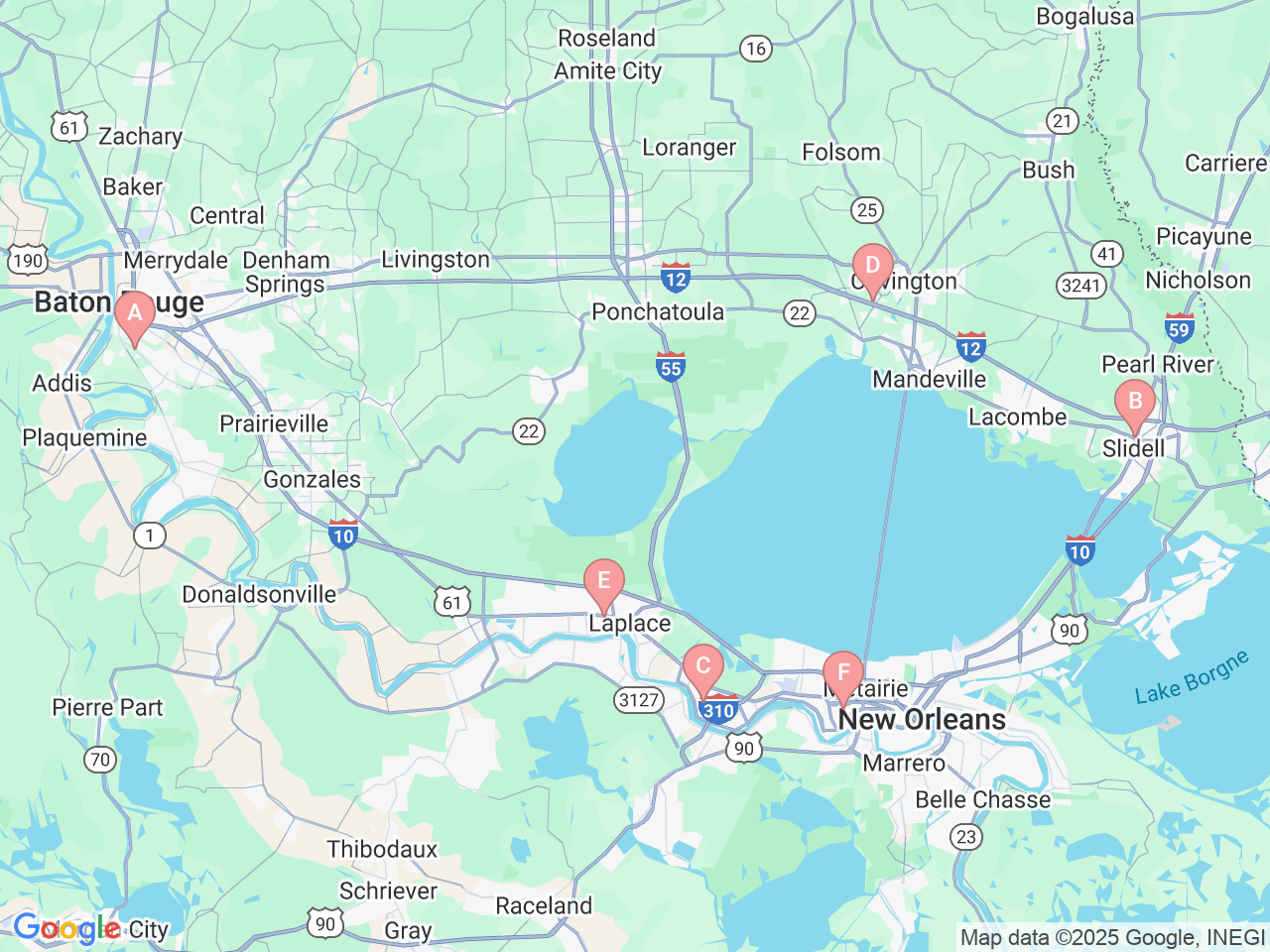 Map of Ochsner-affiliated facilities that provide services related to Sports Physical Therapy