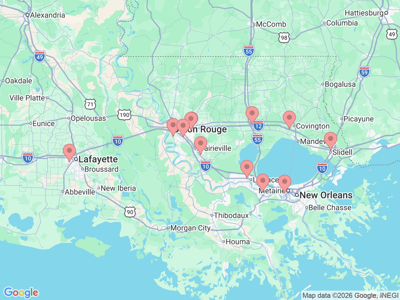 Map of Ochsner-affiliated facilities that provide services related to Sports Physical Therapy