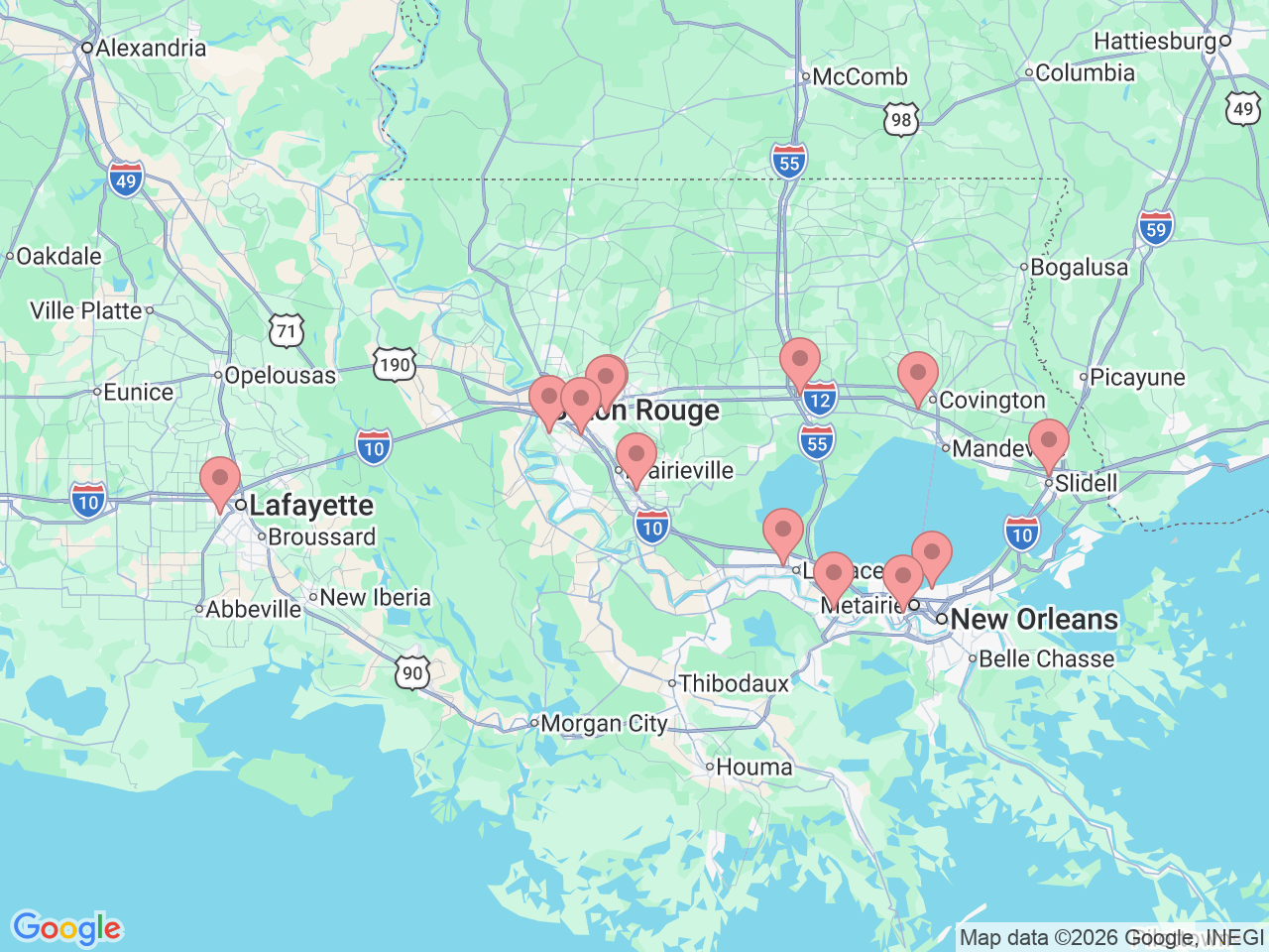 Map of Ochsner-affiliated facilities that provide services related to Sports Physical Therapy