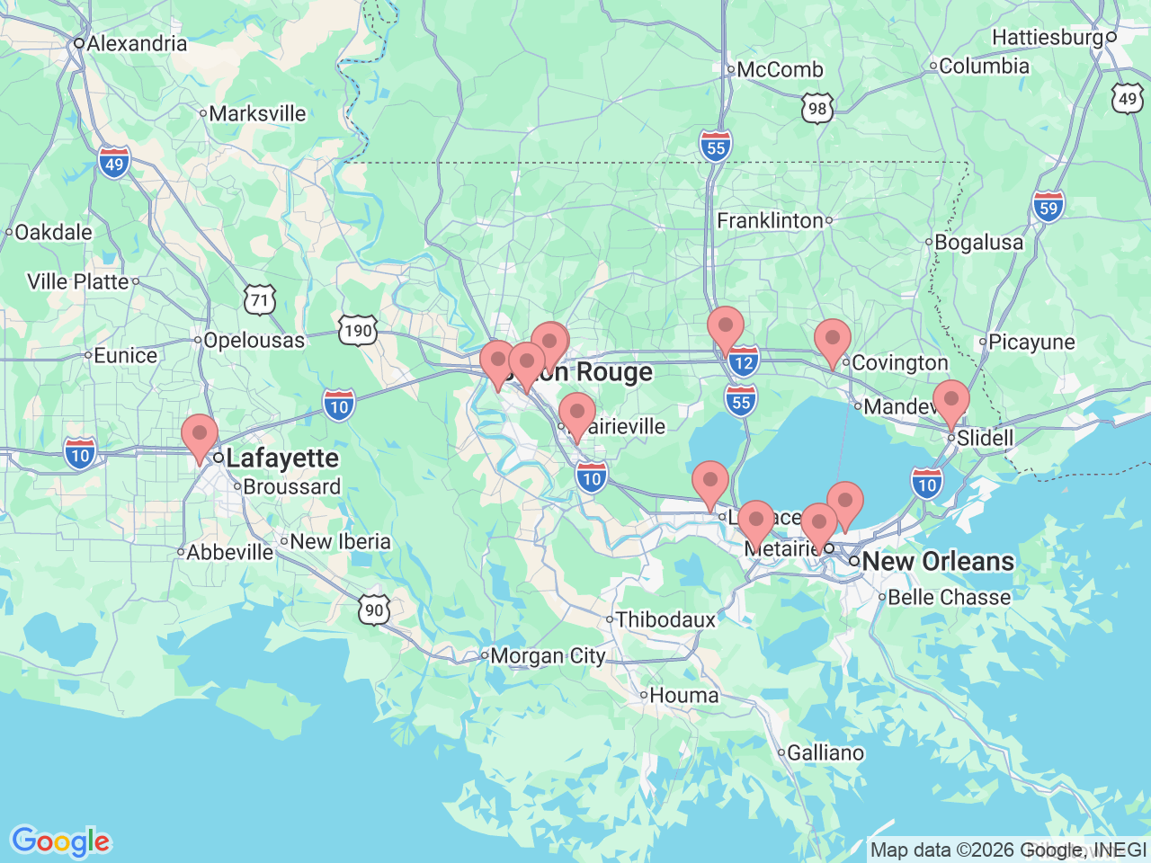 Map of Ochsner-affiliated facilities that provide services related to Sports Physical Therapy