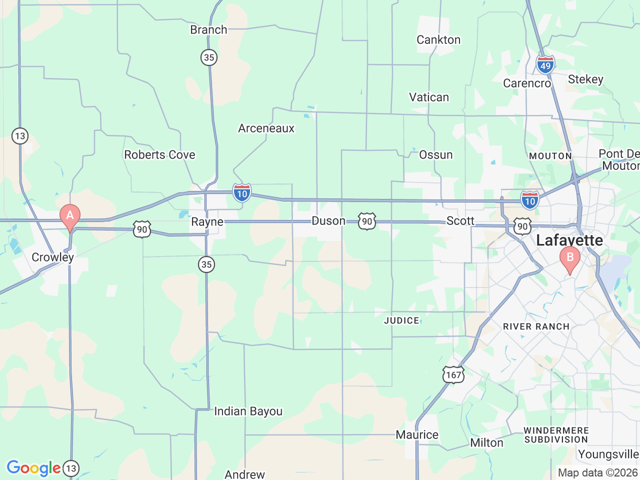 Map of Ochsner-affiliated facilities that provide services related to Stomach and Bowel Surgery