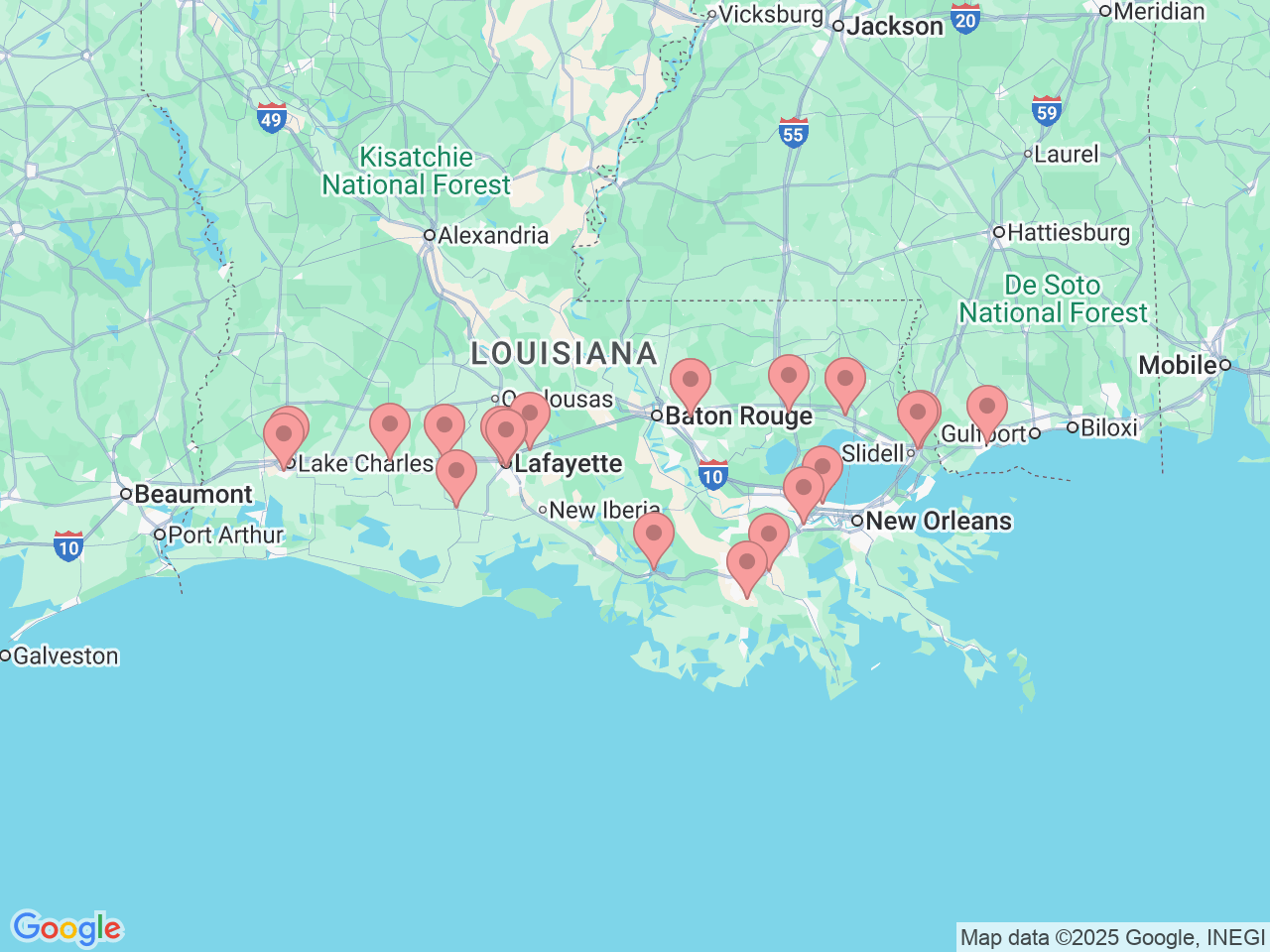 Map of Ochsner-affiliated facilities that provide services related to Surgery