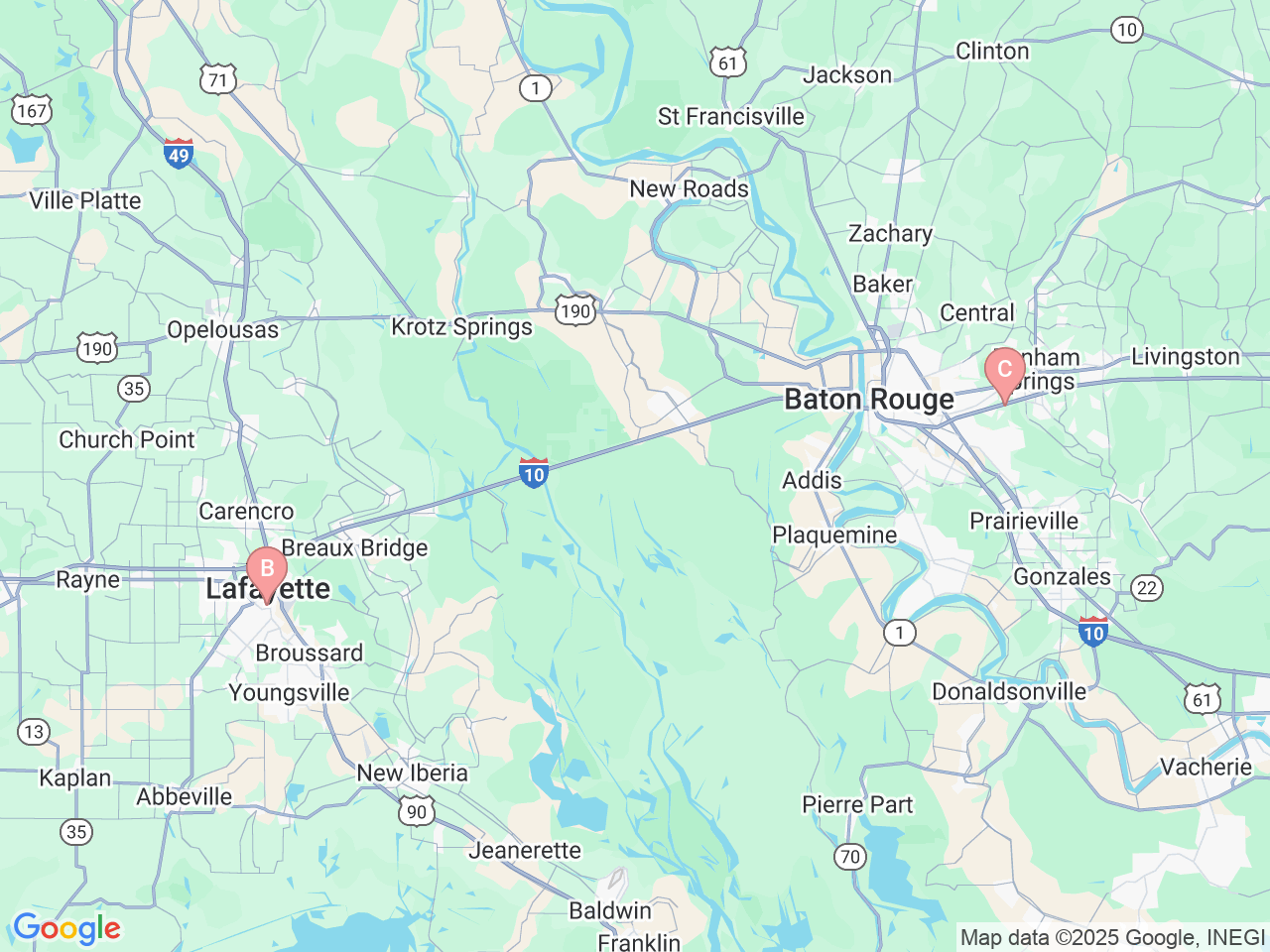 Map of Ochsner-affiliated facilities that provide services related to Thoracic Surgery