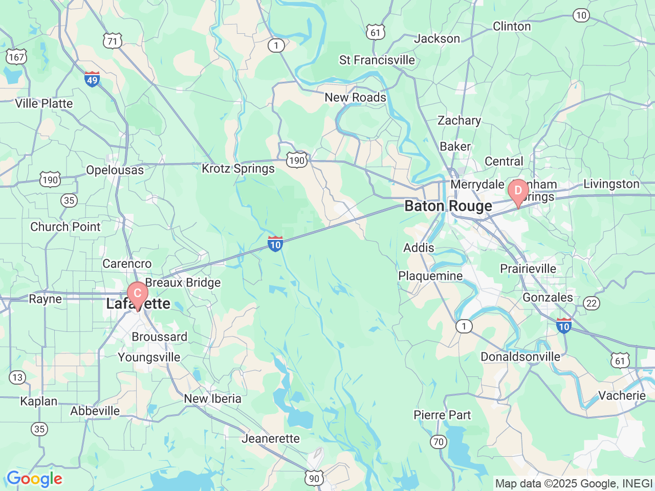 Map of Ochsner-affiliated facilities that provide services related to Thoracic Surgery