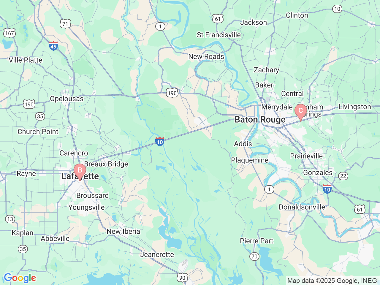 Map of Ochsner-affiliated facilities that provide services related to Thoracic Surgery
