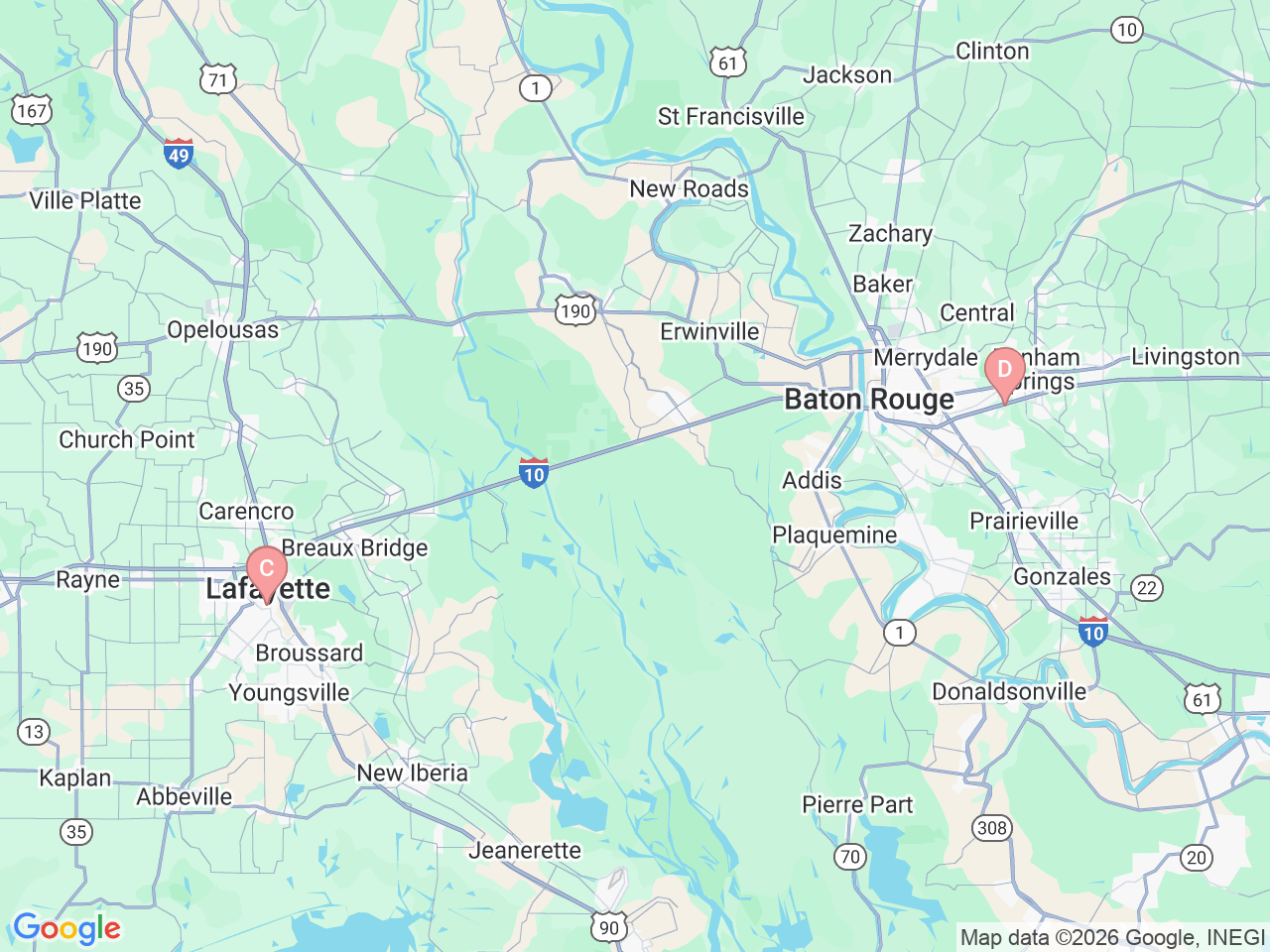 Map of Ochsner-affiliated facilities that provide services related to Thoracic Surgery