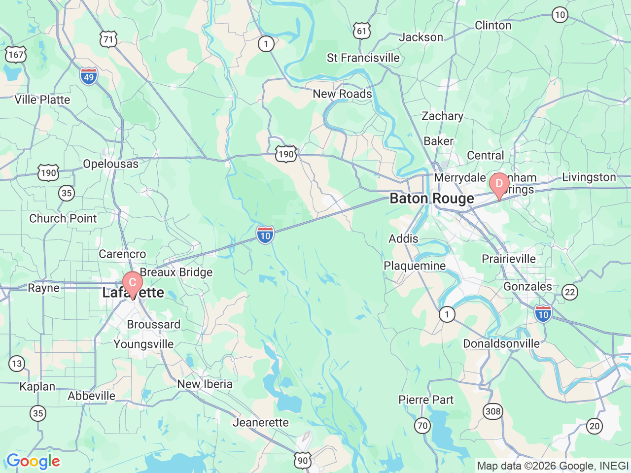 Map of Ochsner-affiliated facilities that provide services related to Thoracic Surgery