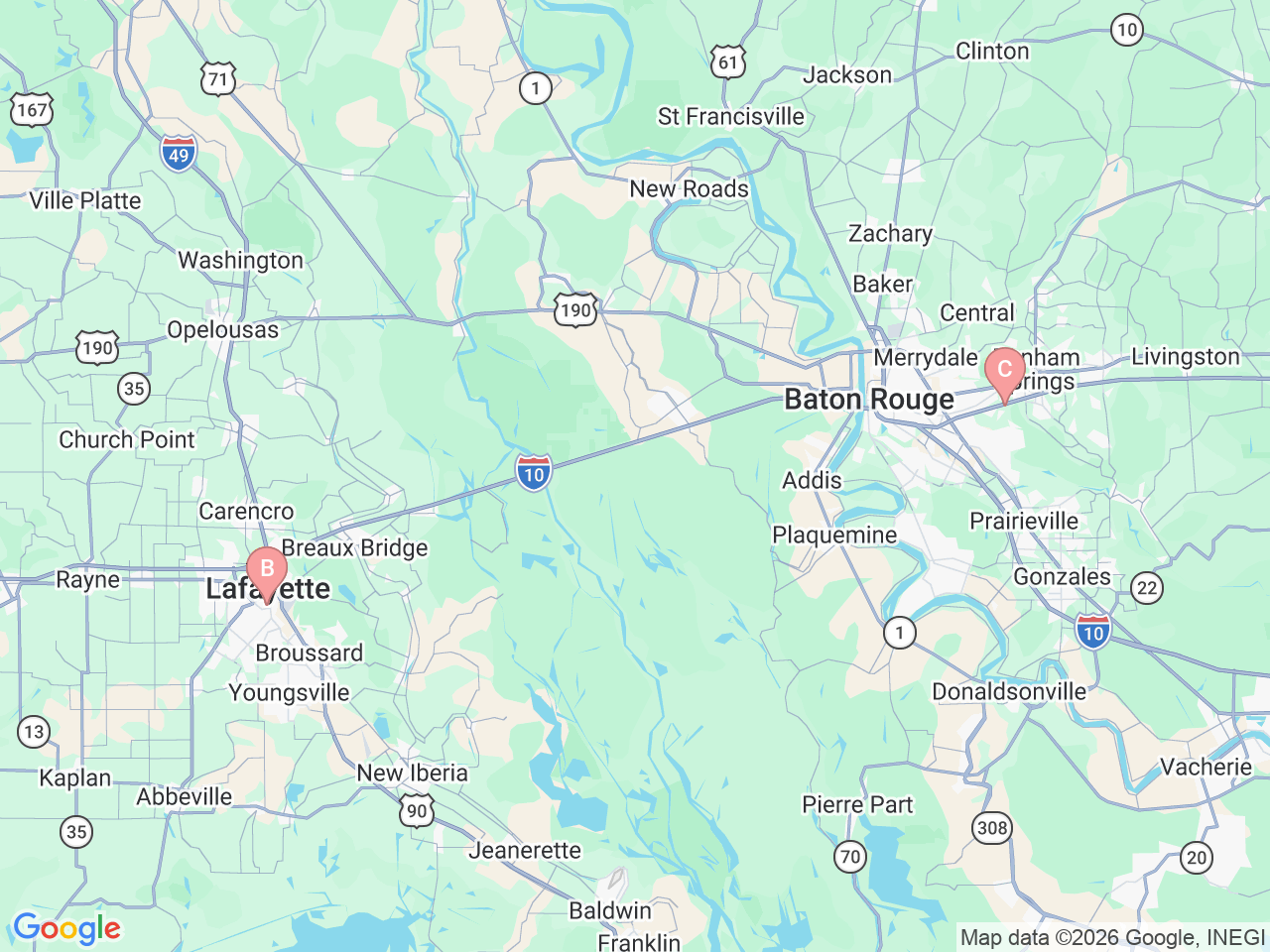 Map of Ochsner-affiliated facilities that provide services related to Thoracic Surgery