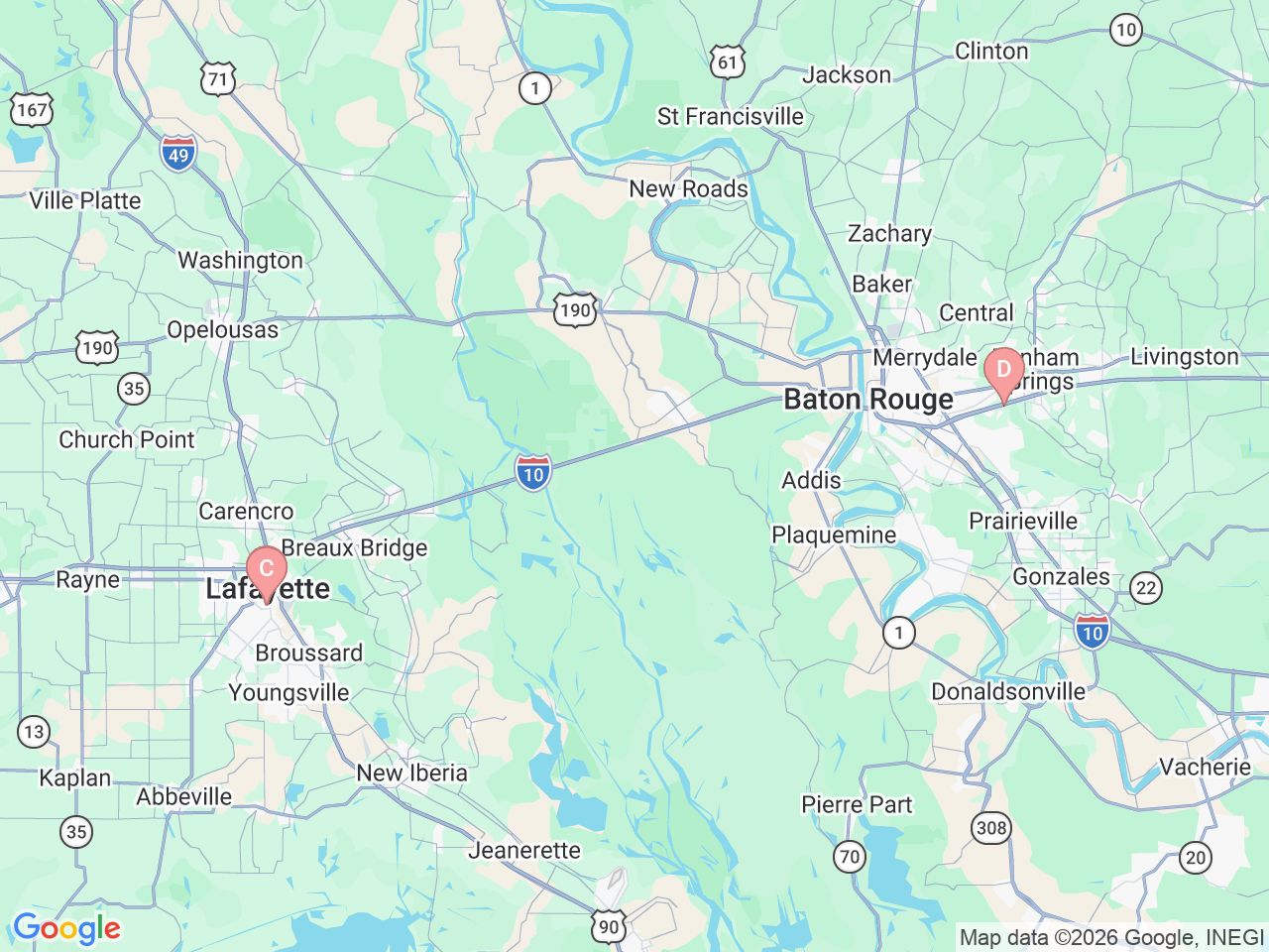 Map of Ochsner-affiliated facilities that provide services related to Thoracic Surgery
