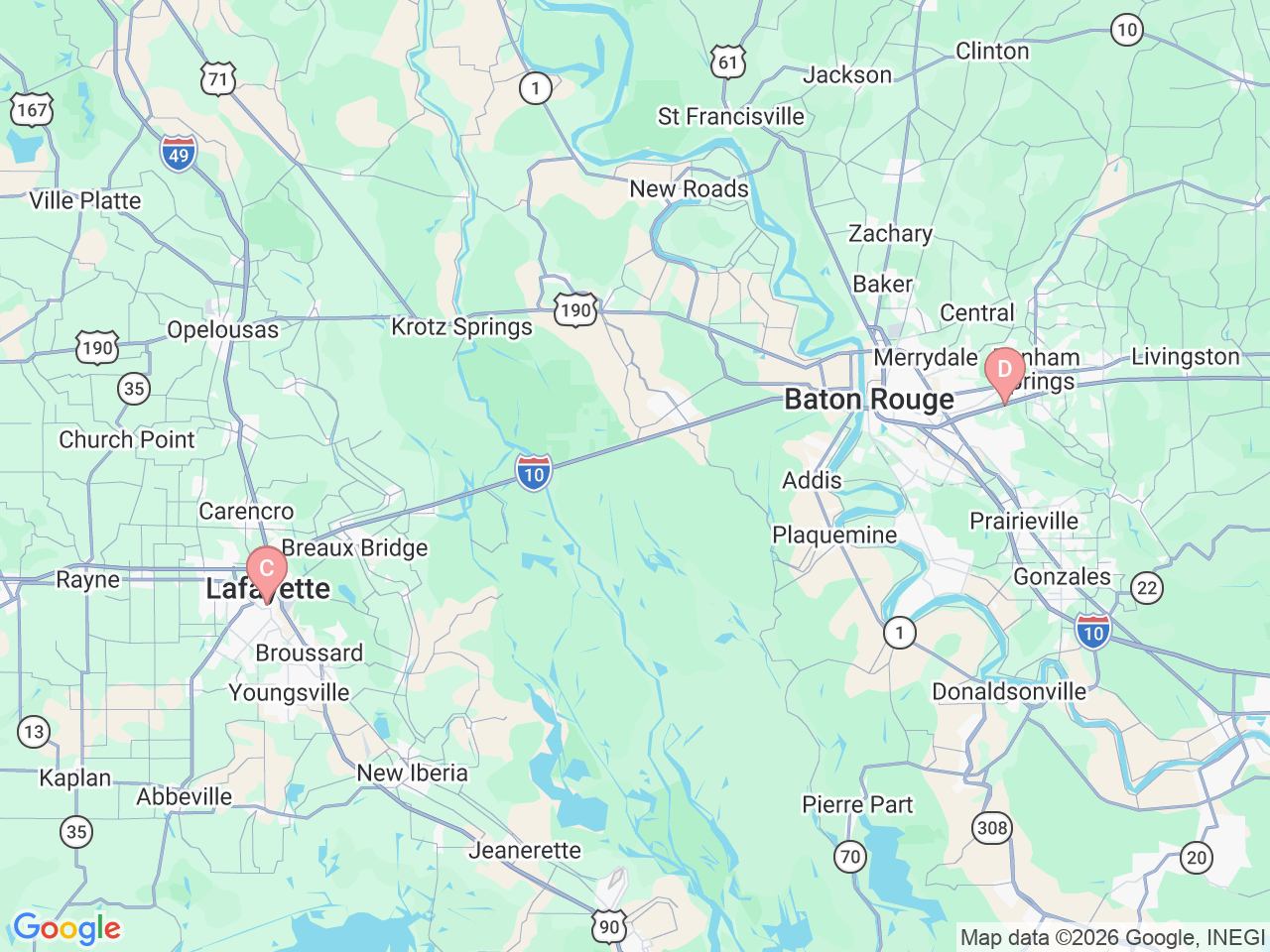 Map of Ochsner-affiliated facilities that provide services related to Thoracic Surgery