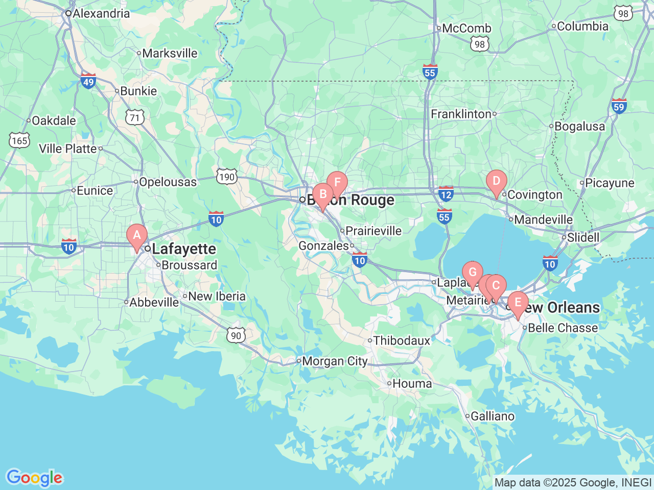 Map of Ochsner-affiliated facilities that provide services related to Total Shoulder Replacement