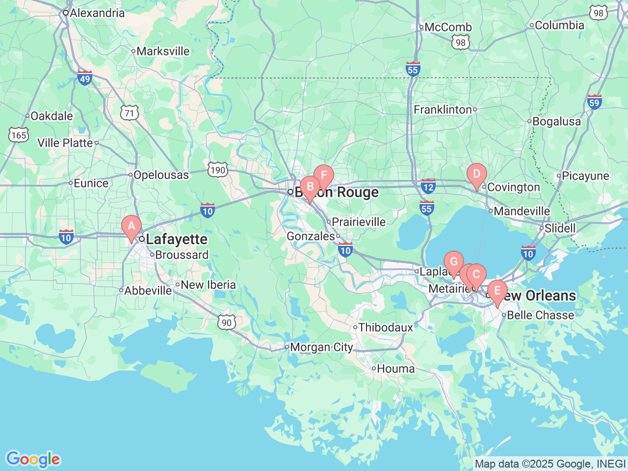 Map of Ochsner-affiliated facilities that provide services related to Total Shoulder Replacement