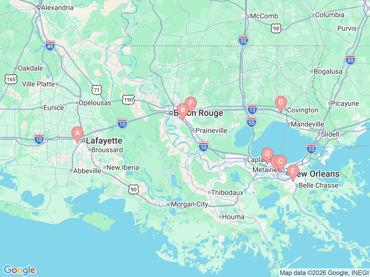Map of Ochsner-affiliated facilities that provide services related to Total Shoulder Replacement