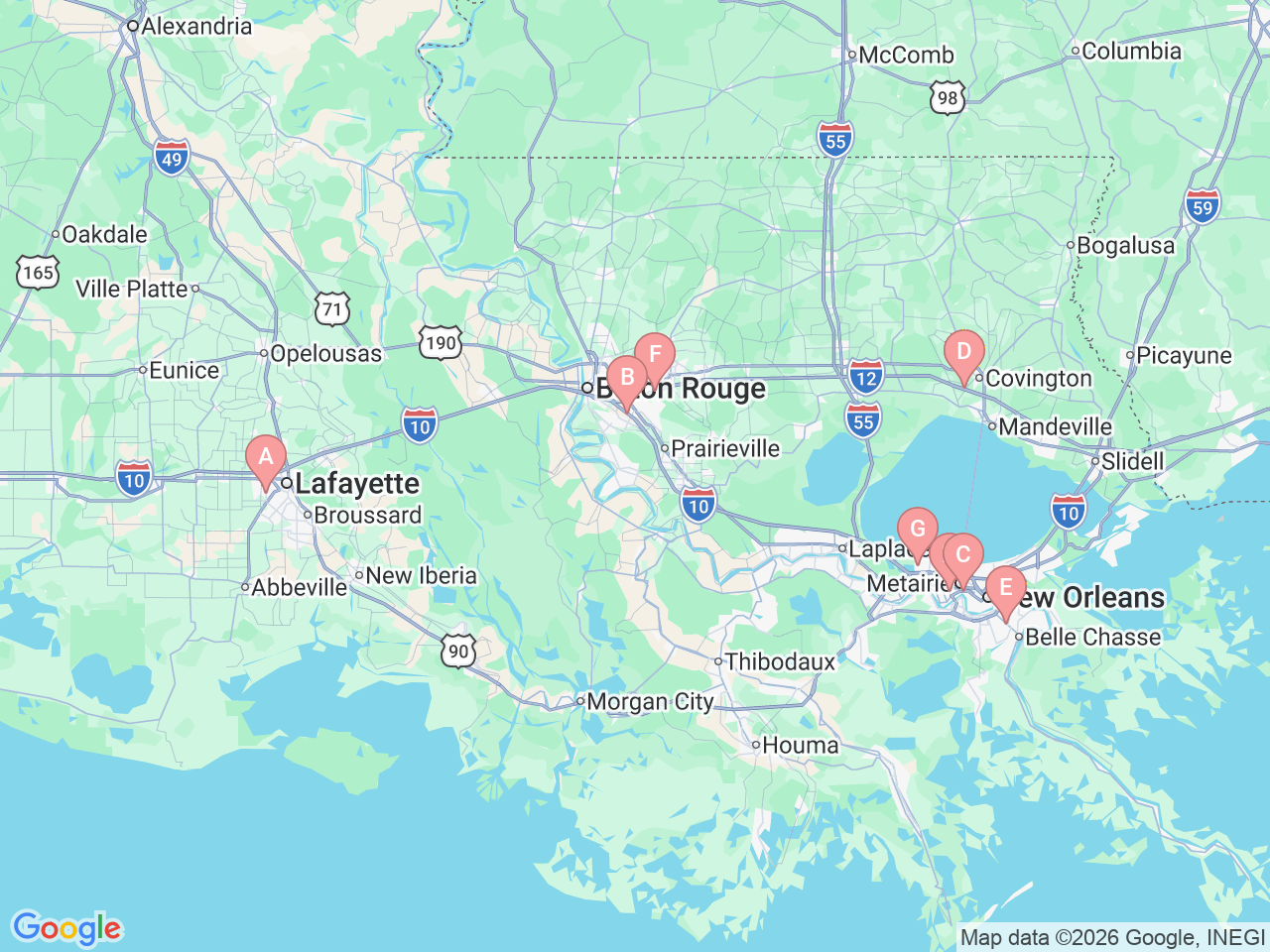 Map of Ochsner-affiliated facilities that provide services related to Total Shoulder Replacement