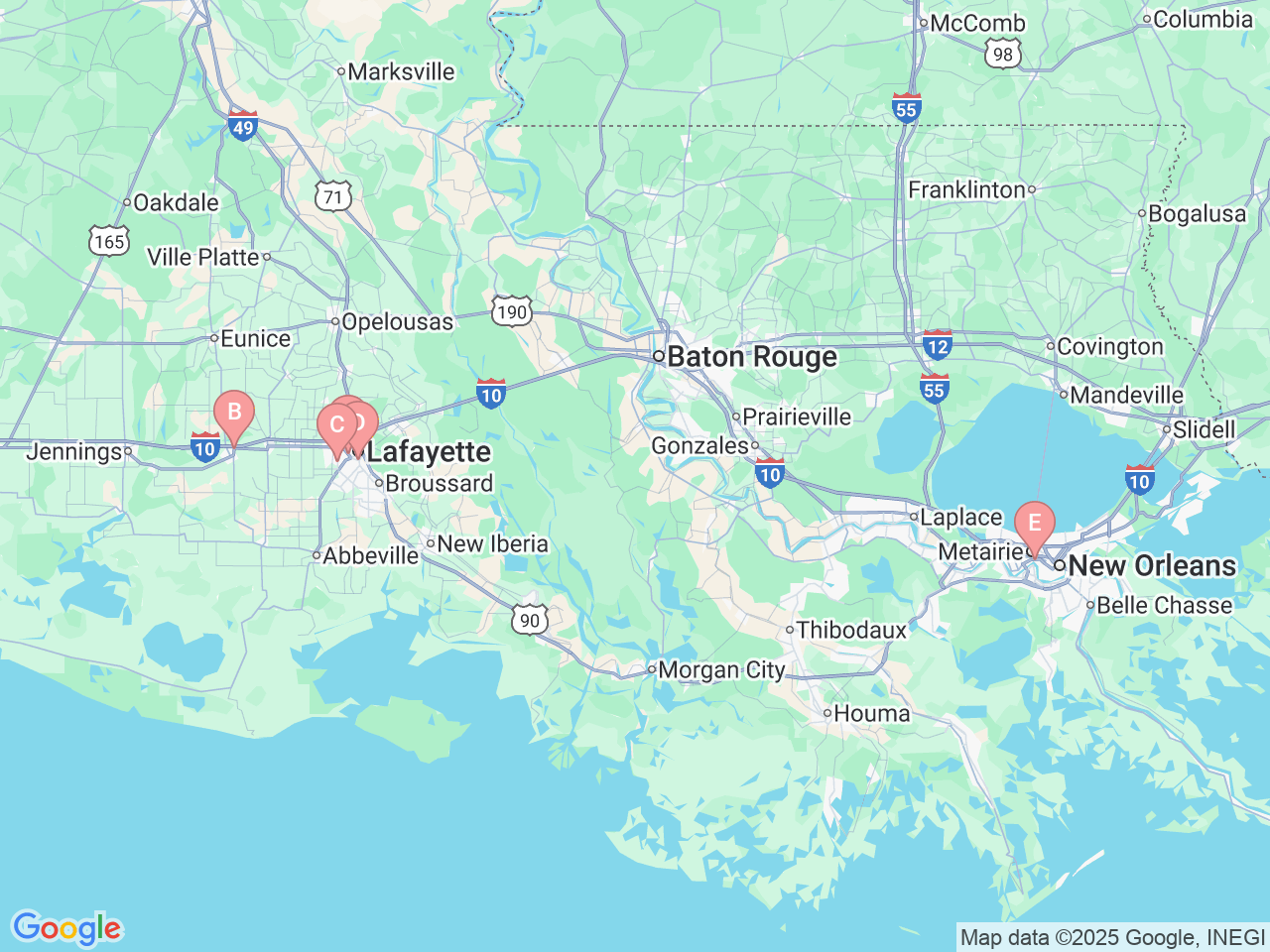 Map of Ochsner-affiliated facilities that provide services related to Orthopedic Trauma and Surgery