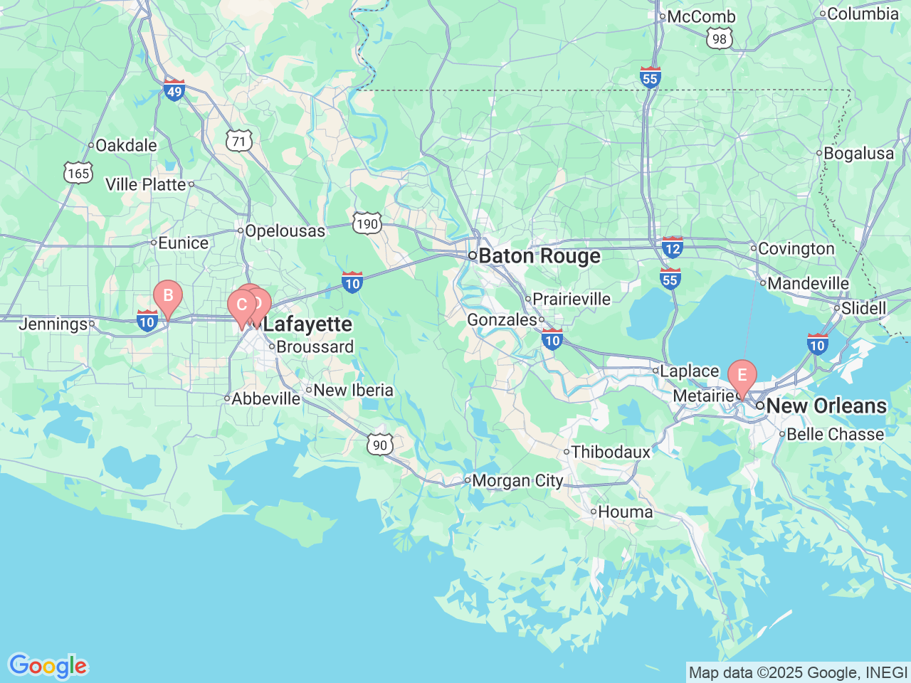 Map of Ochsner-affiliated facilities that provide services related to Orthopedic Trauma and Surgery