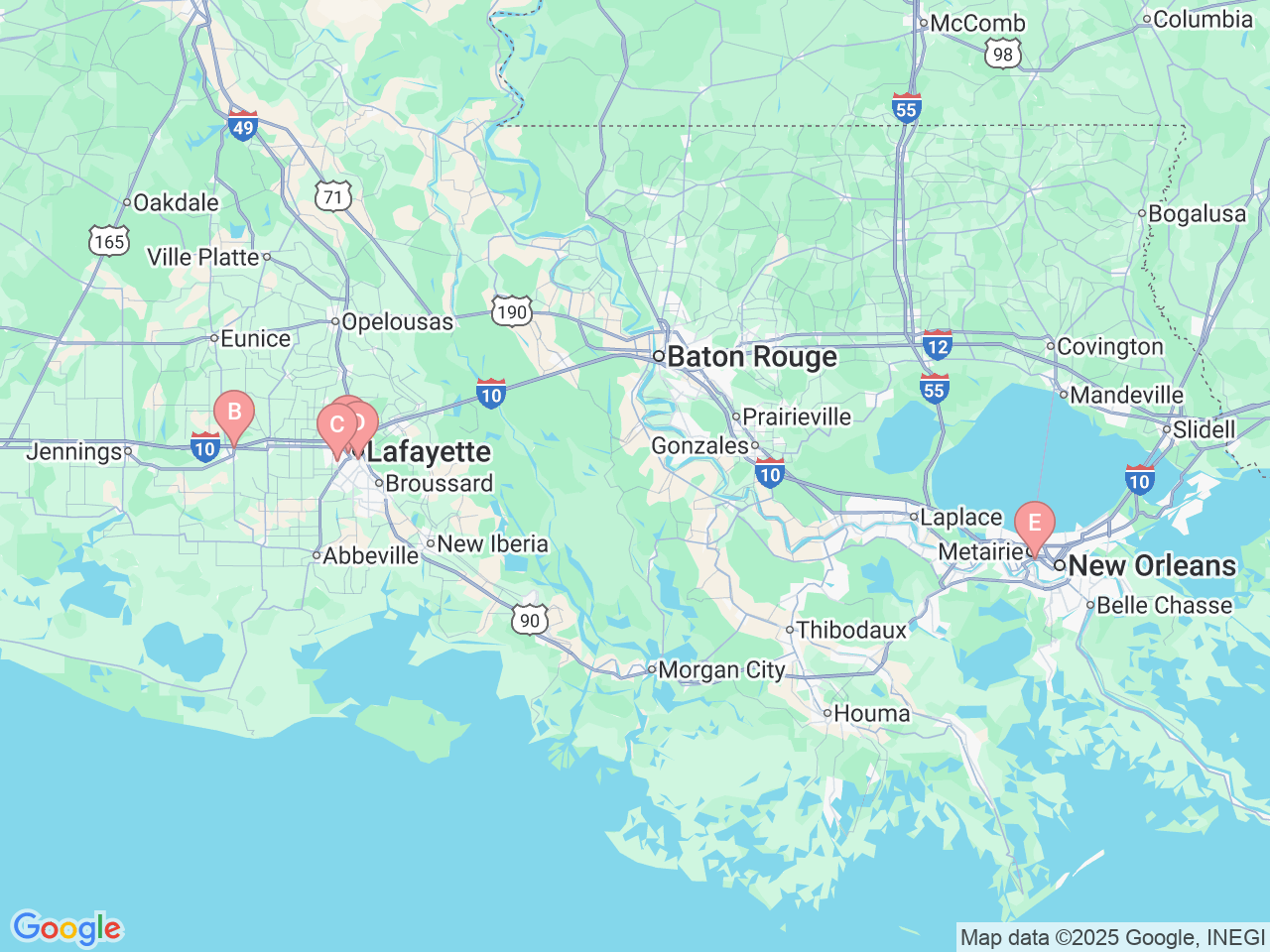 Map of Ochsner-affiliated facilities that provide services related to Orthopedic Trauma and Surgery