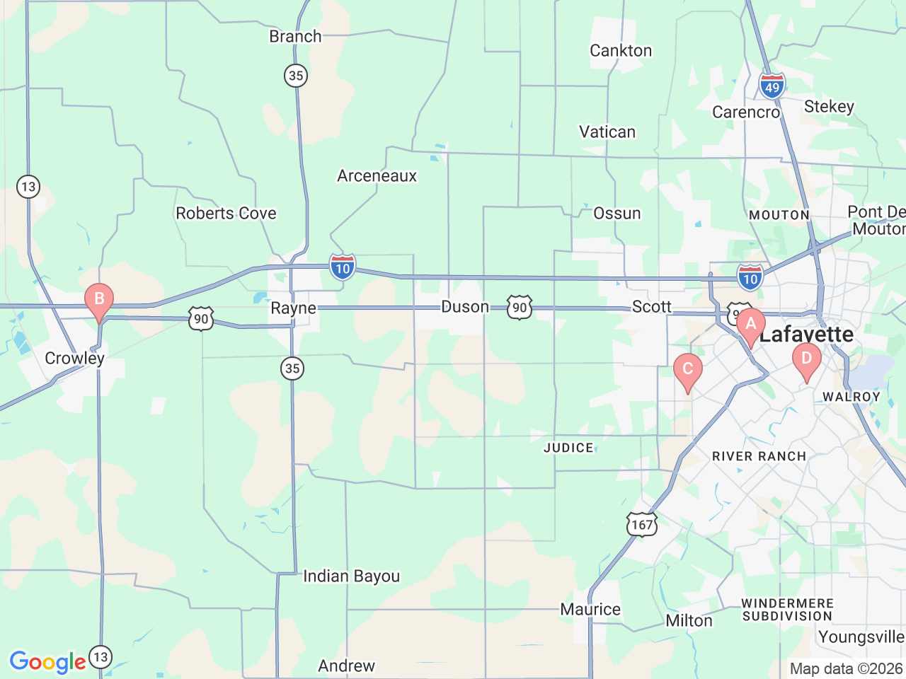 Map of Ochsner-affiliated facilities that provide services related to Orthopedic Trauma and Surgery