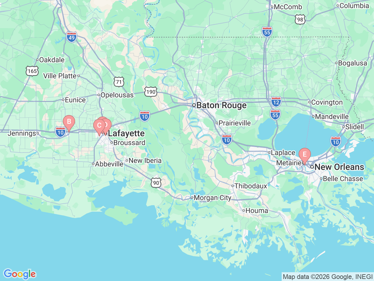 Map of Ochsner-affiliated facilities that provide services related to Orthopedic Trauma and Surgery