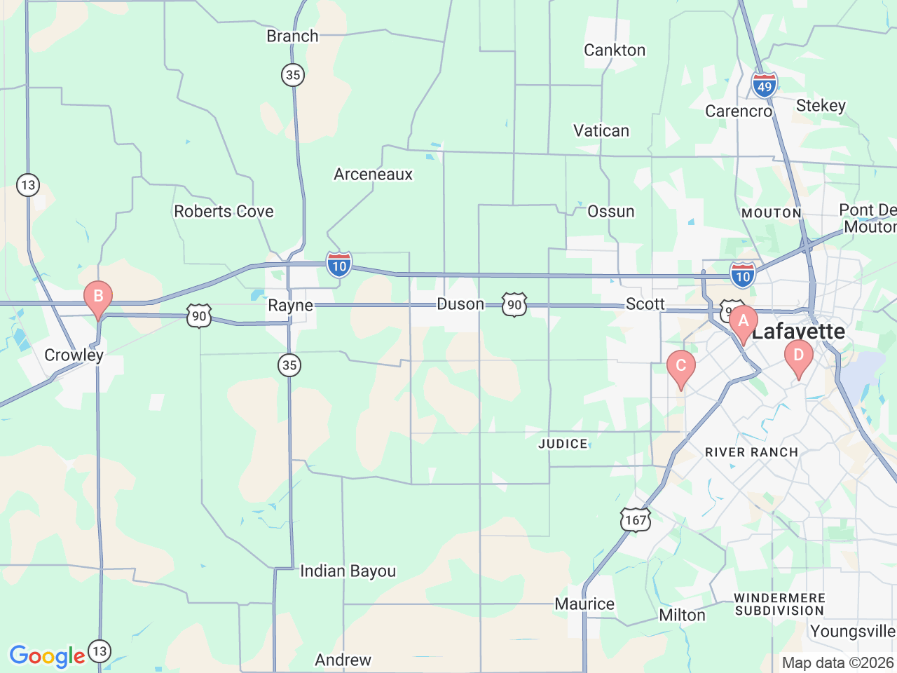 Map of Ochsner-affiliated facilities that provide services related to Orthopedic Trauma and Surgery
