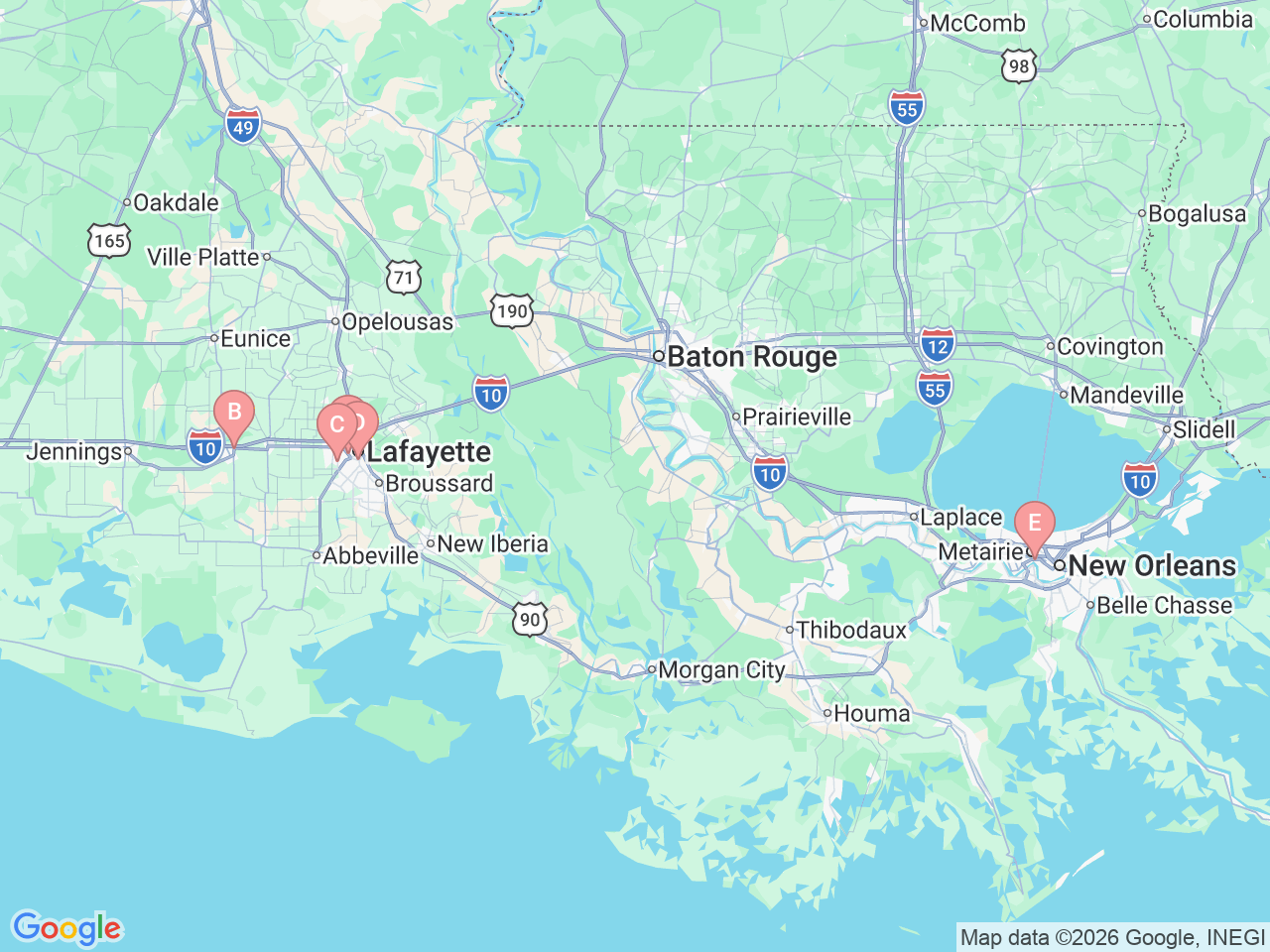 Map of Ochsner-affiliated facilities that provide services related to Orthopedic Trauma and Surgery