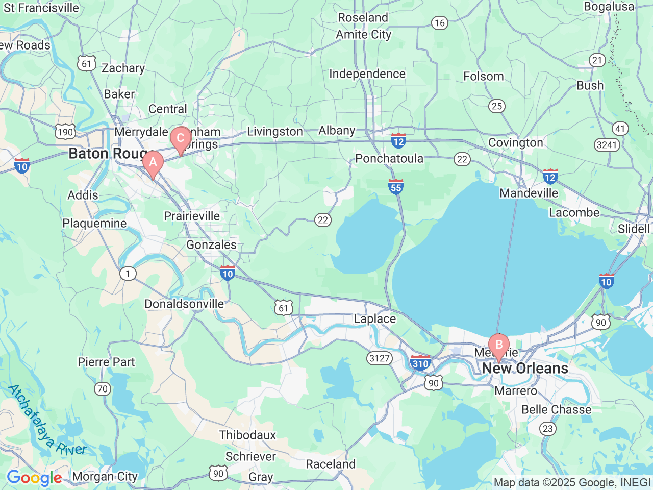 Map of Ochsner-affiliated facilities that provide services related to Travel and Tropical Disease Services