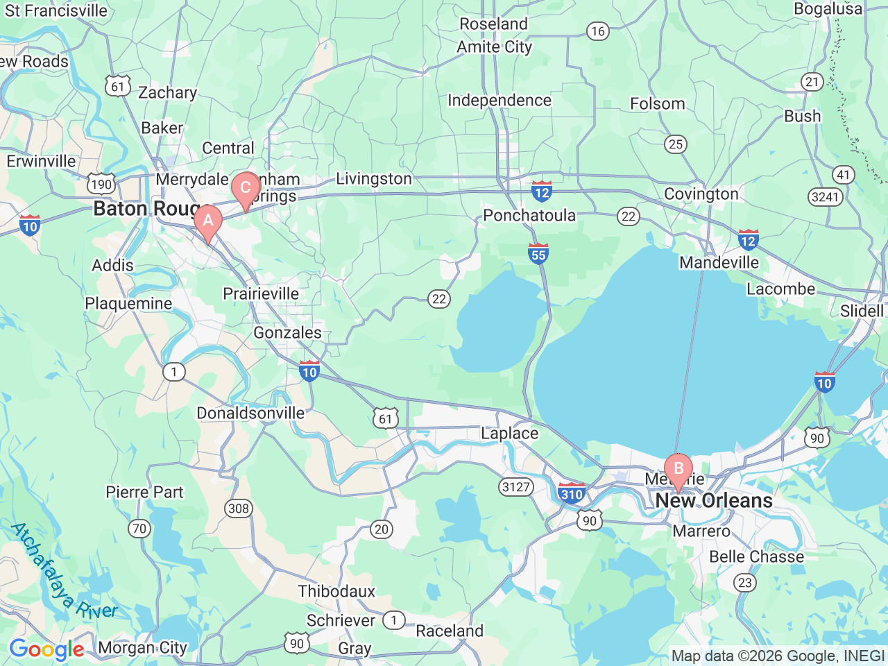 Map of Ochsner-affiliated facilities that provide services related to Travel and Tropical Disease Services