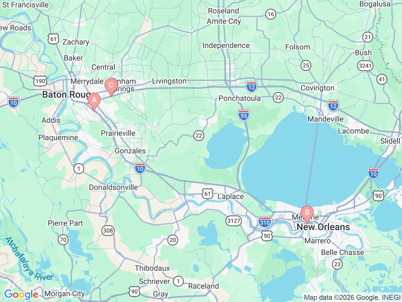 Map of Ochsner-affiliated facilities that provide services related to Travel and Tropical Disease Services