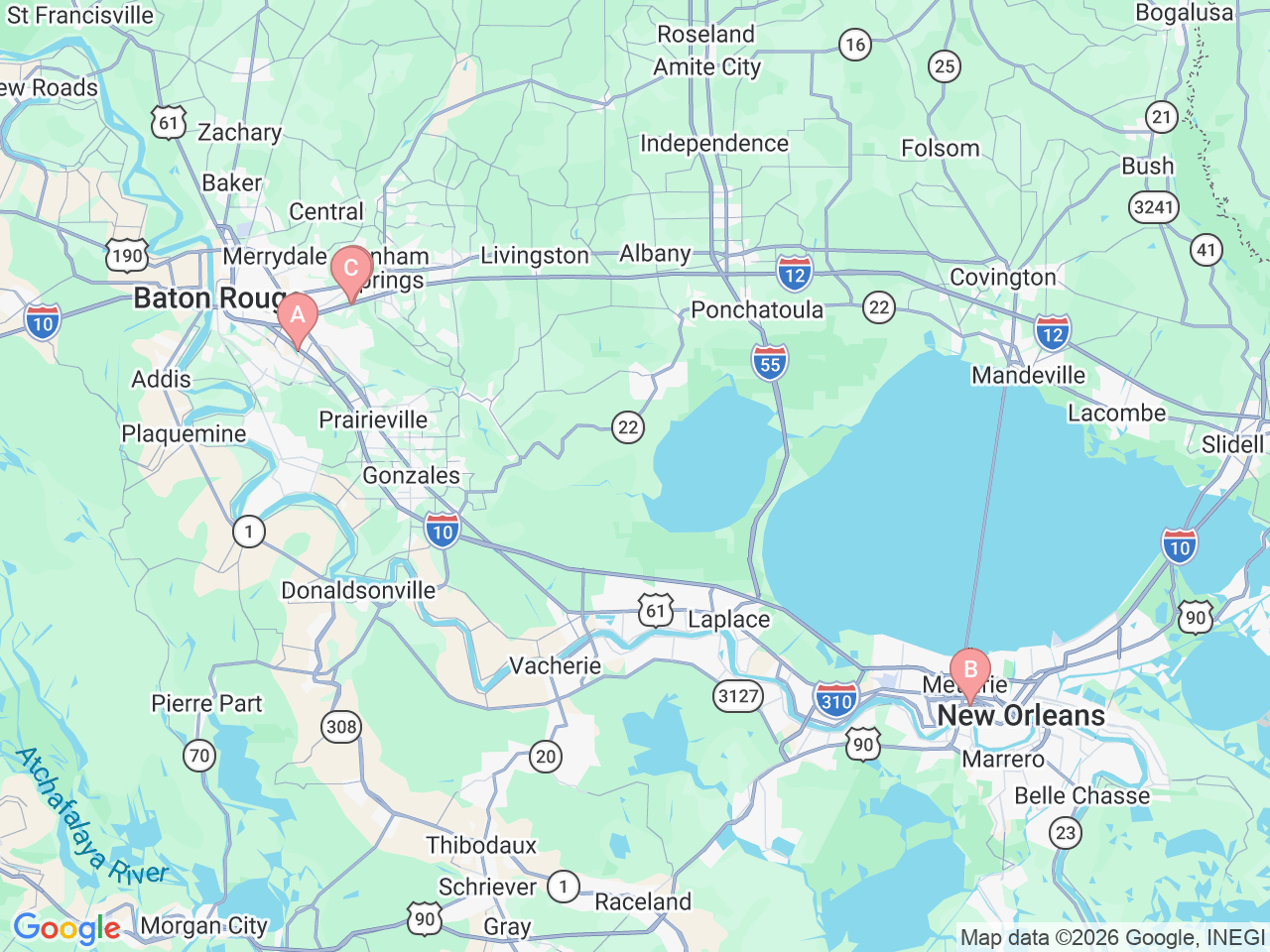 Map of Ochsner-affiliated facilities that provide services related to Travel and Tropical Disease Services