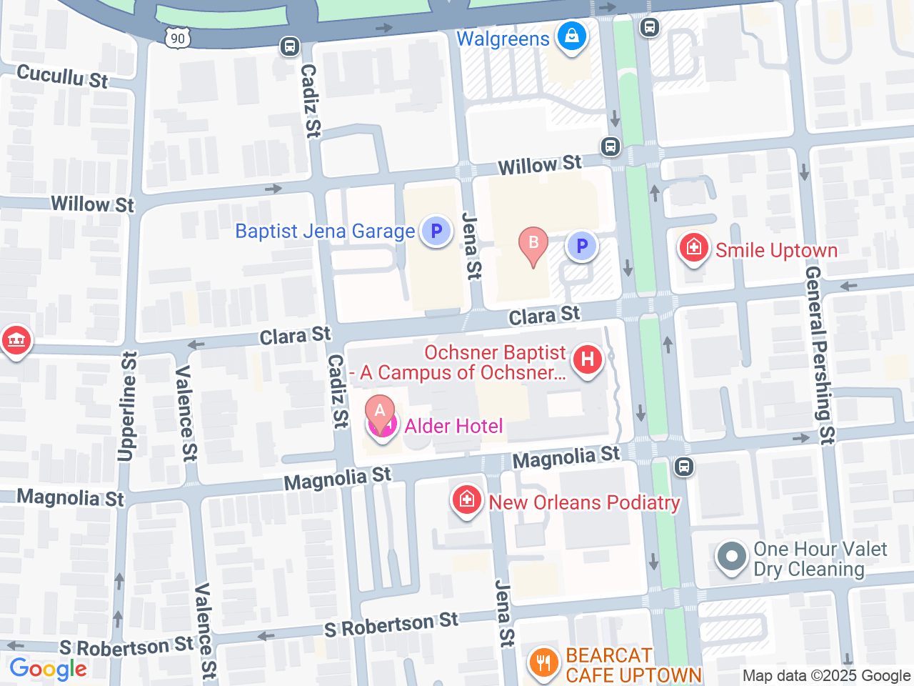 Map of Ochsner-affiliated facilities that provide services related to Twin to Twin Transfusion Syndrome (TTTS)