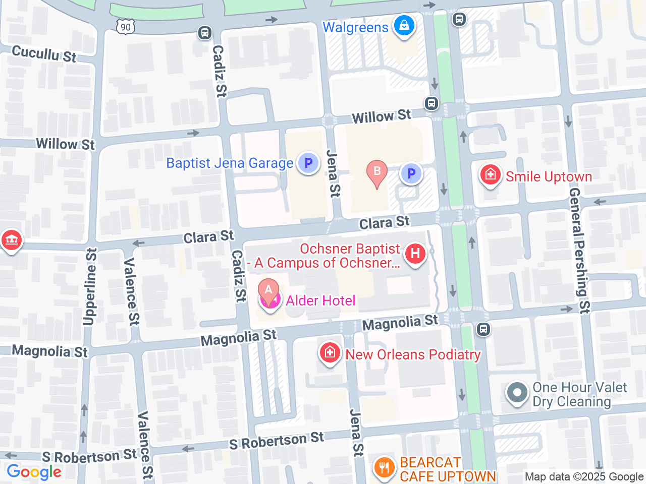 Map of Ochsner-affiliated facilities that provide services related to Twin to Twin Transfusion Syndrome (TTTS)
