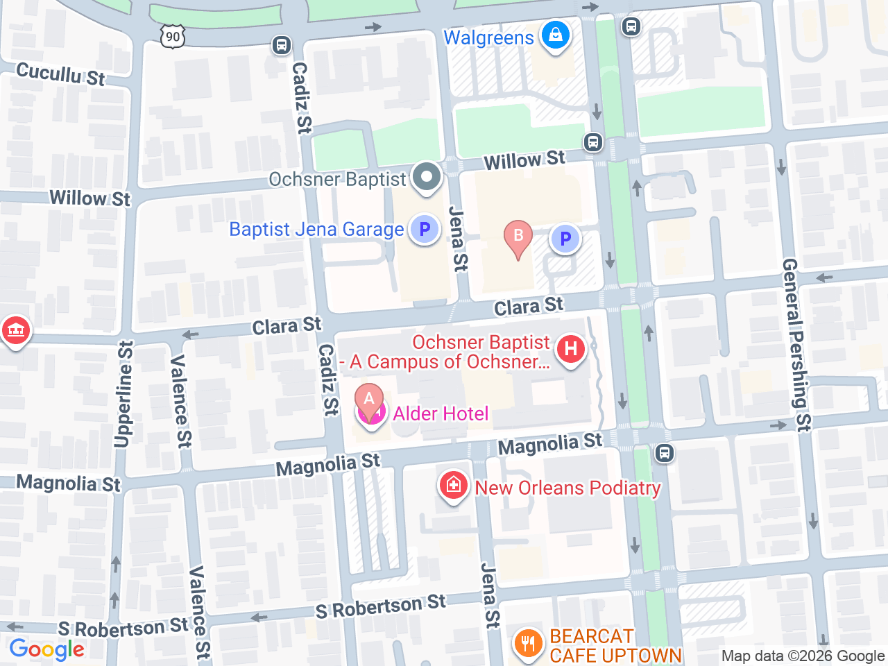 Map of Ochsner-affiliated facilities that provide services related to Twin to Twin Transfusion Syndrome (TTTS)