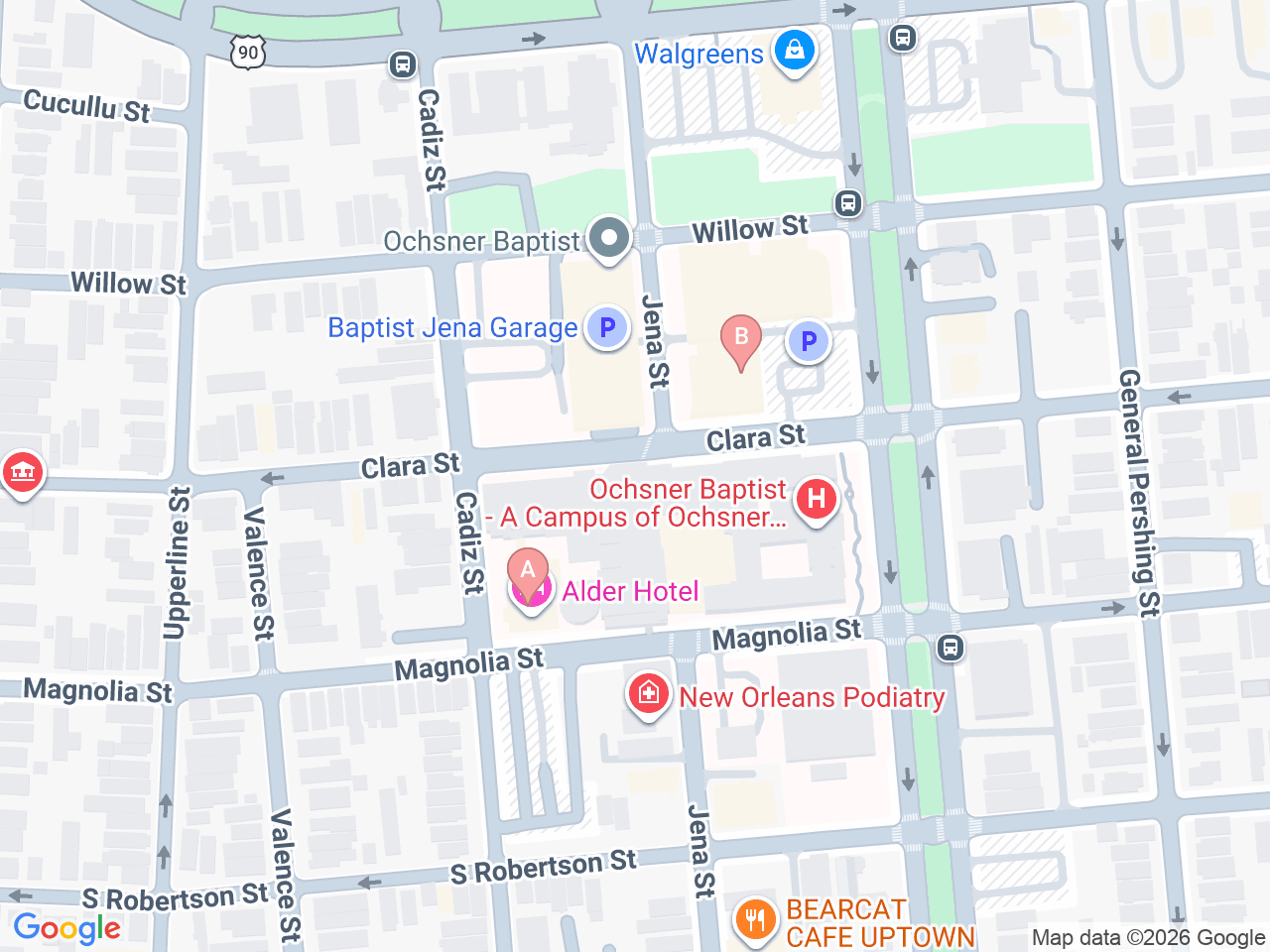 Map of Ochsner-affiliated facilities that provide services related to Twin to Twin Transfusion Syndrome (TTTS)