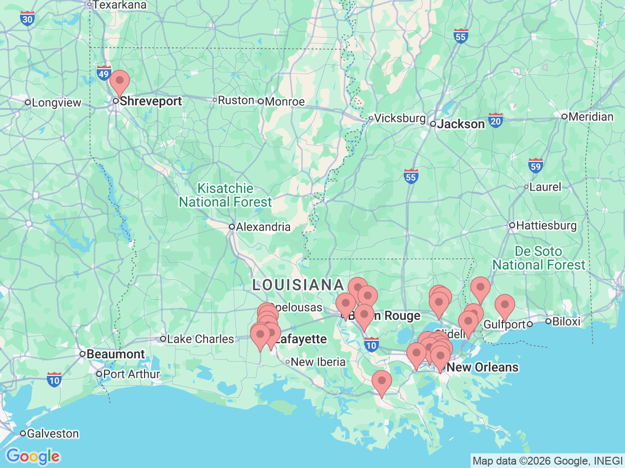 Map of Ochsner-affiliated facilities that provide services related to Urgent Care Services