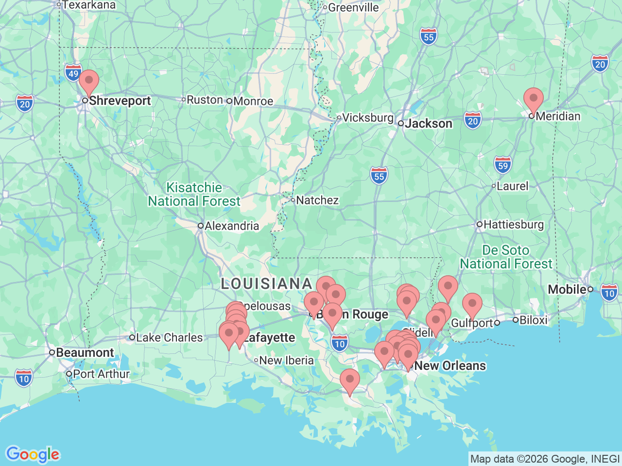 Map of Ochsner-affiliated facilities that provide services related to Urgent Care Services