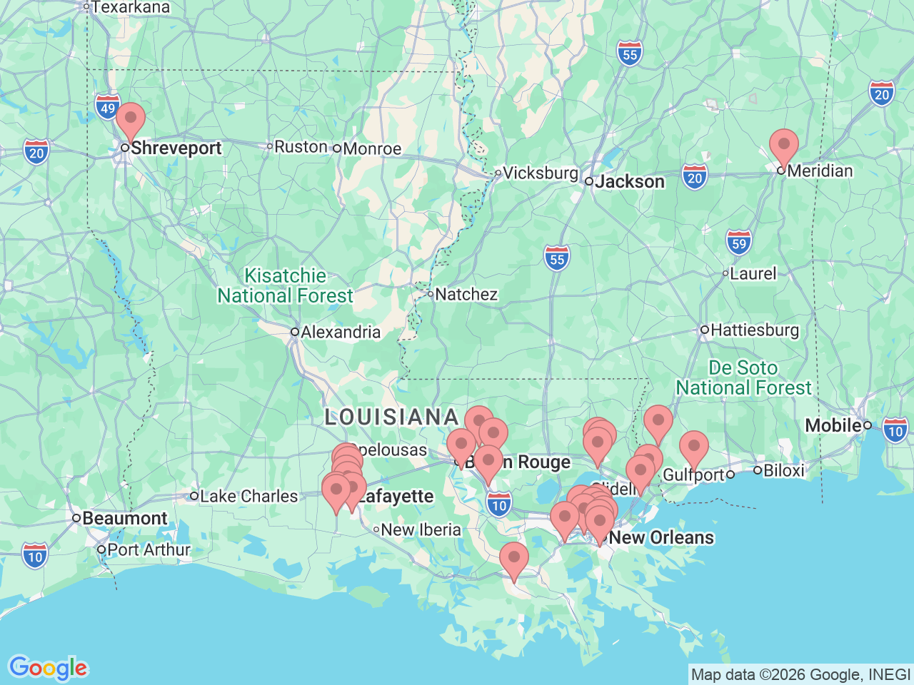 Map of Ochsner-affiliated facilities that provide services related to Urgent Care Services