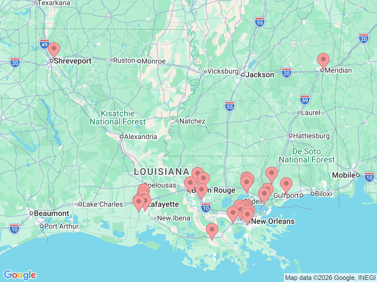 Map of Ochsner-affiliated facilities that provide services related to Urgent Care Services