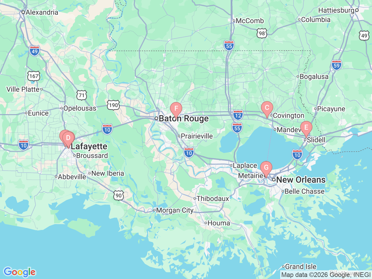 Map of Ochsner-affiliated facilities that provide services related to Urologic Oncology