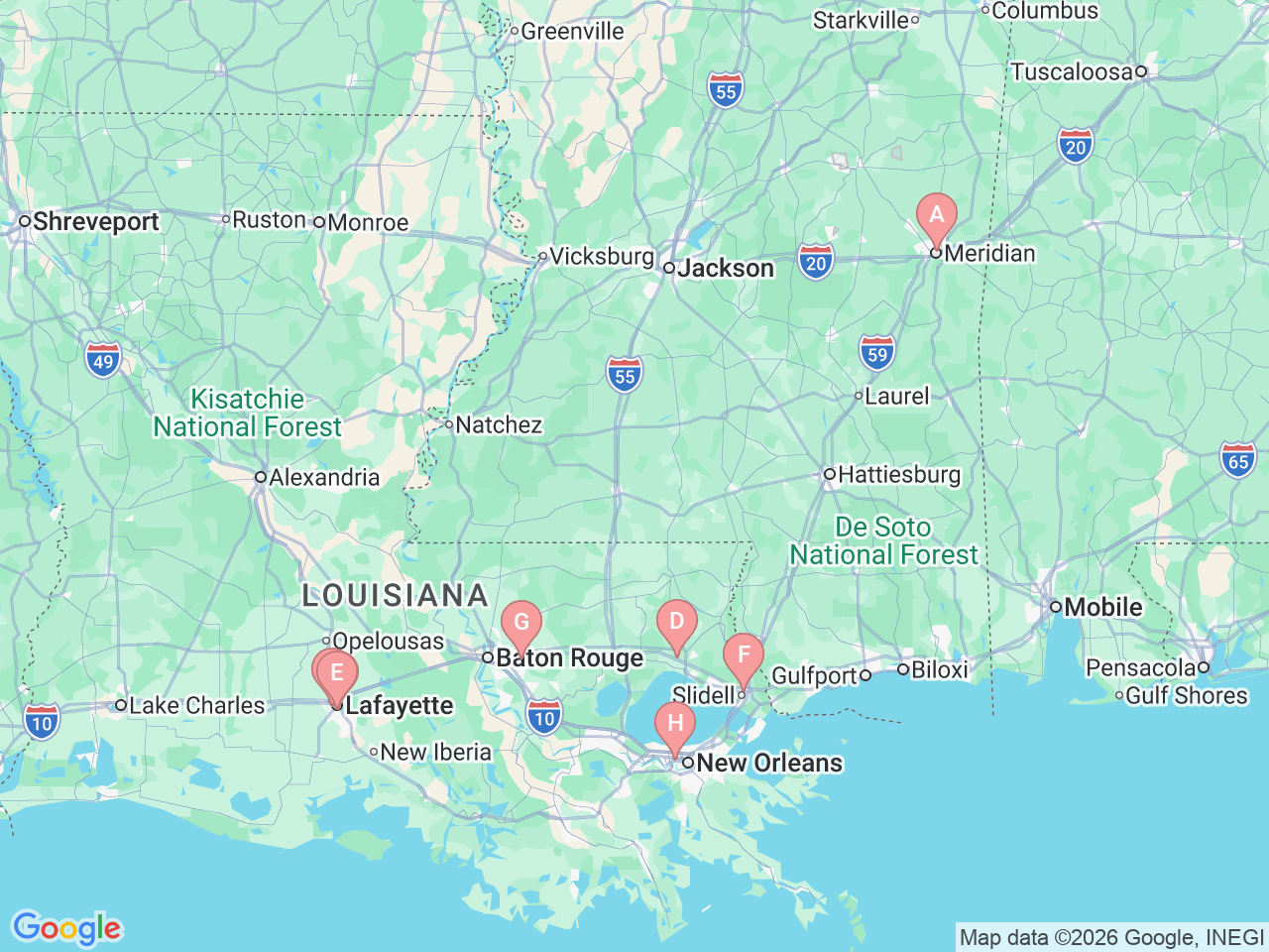 Map of Ochsner-affiliated facilities that provide services related to Urologic Oncology