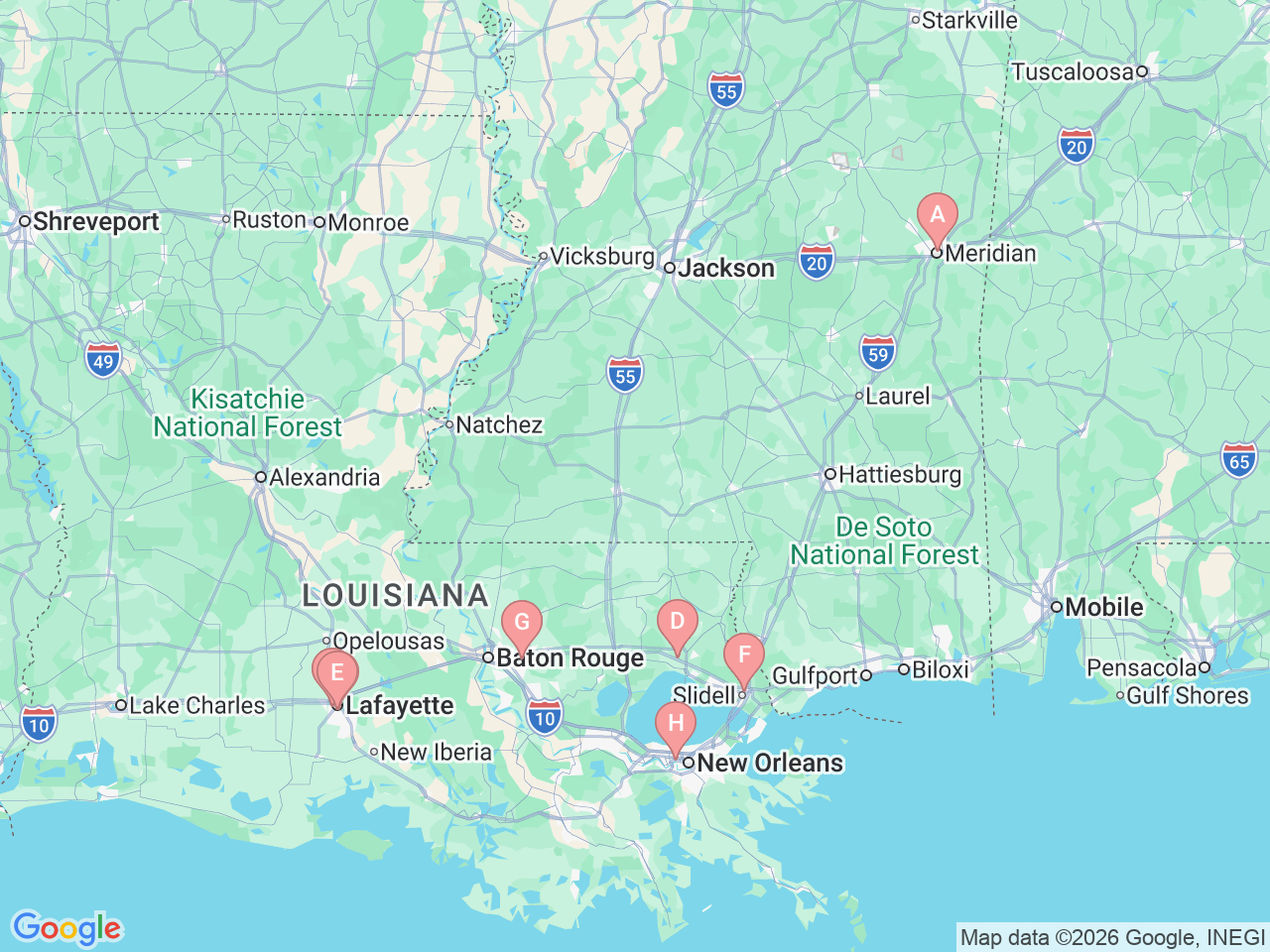 Map of Ochsner-affiliated facilities that provide services related to Urologic Oncology