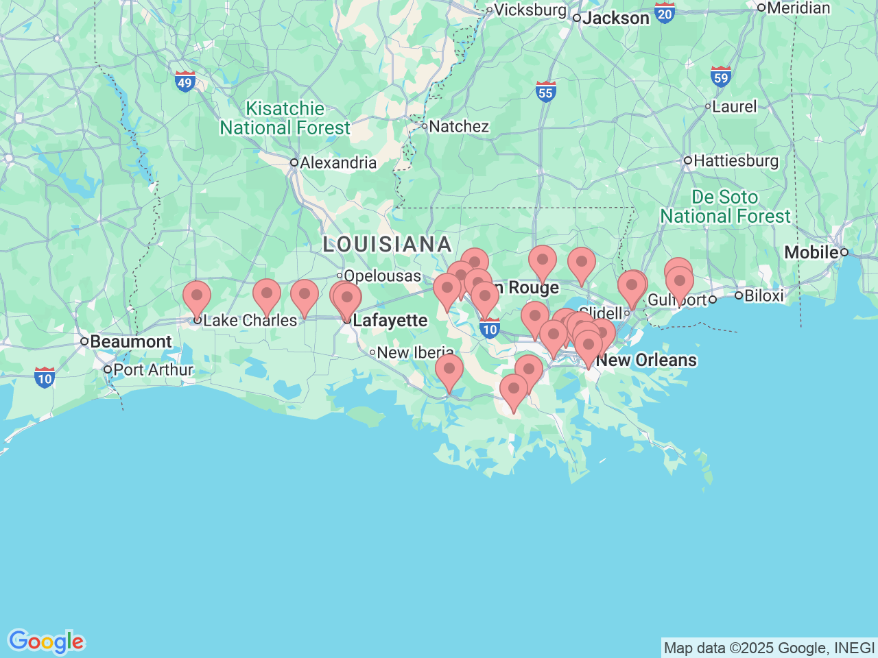 Map of Ochsner-affiliated facilities that provide services related to Urology